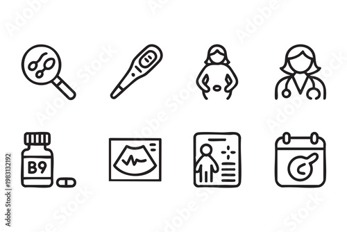 Pregnancy medical icons, healthcare monitoring, fetus ultrasound and maternal care visuals