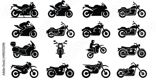 Motorcycle silhouette collection, 16 black motor bike icons set, sportbike and cruiser vector illustrations, transport and racing design elements