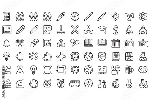 School education outline icons for learning, classroom supplies, science tools and academic activities