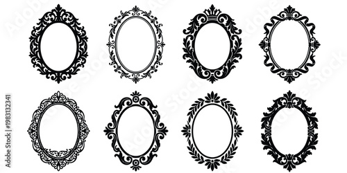 Vintage ornate oval frames set, 8 black baroque mirror borders, antique victorian filigree frame collection for wedding invitations and portraits