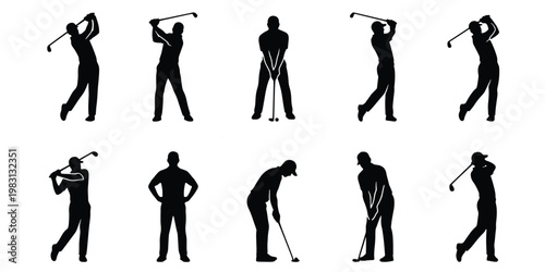 Golf player silhouettes set, professional golfer swinging club vector icons, 10 athletic male figures in various sports poses on white background
