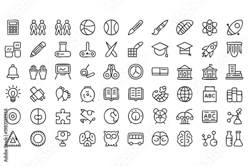 Education outline icon set, classroom learning, academic tools and student activities visuals