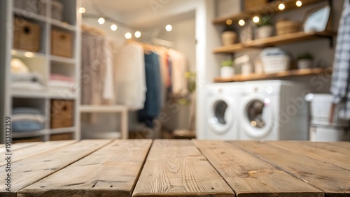Clean wooden tabletop texture with out of focus laundry room background for product display mockup