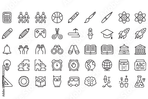 School learning icons, classroom equipment, books, science and study symbols