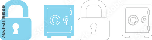 Four of locks and safes in blue and black outline padlock