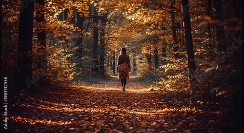 A woman walks alone on a serene forest path during autumn