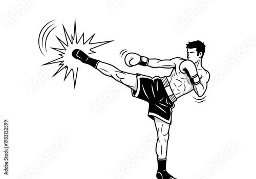 Black and white drawing of a muscular fighter executing a high side kick