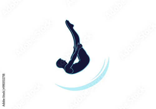 Silhouette of a diver in a tucked position above a light blue water splash graphic