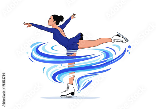 Figure skater in blue performing a spin surrounded by blue swirl effects