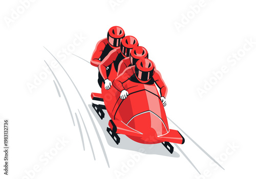 Illustration of a fourperson red bobsled team racing down a white track