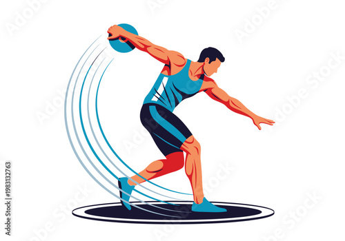 Stylized illustration of an athlete throwing a discus in midrotation