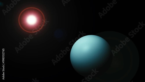 Abstract digital art of a glowing sphere Uranus planet and light flare in dark space