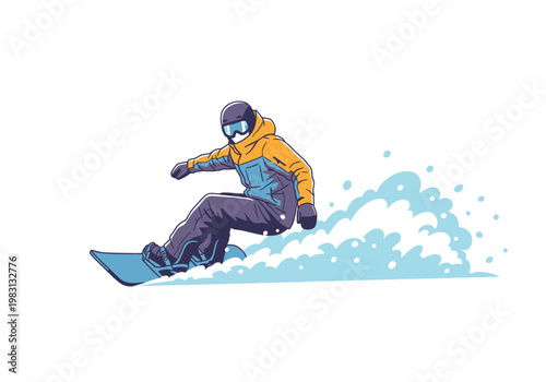 Stylized illustration of a snowboarder carving kicking up snow spray