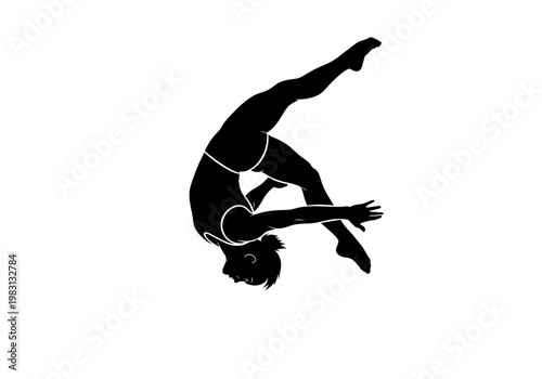 Black silhouette of a gymnast midair in a back arch position