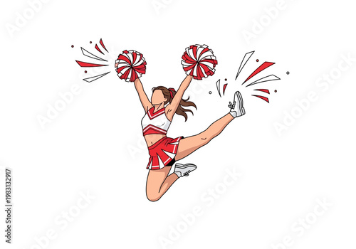 Stylized illustration of a cheerleader midjump with pompoms
