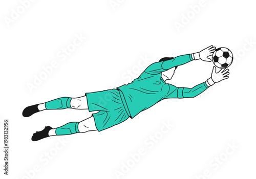 Stylized illustration of a soccer goalkeeper diving to catch a ball