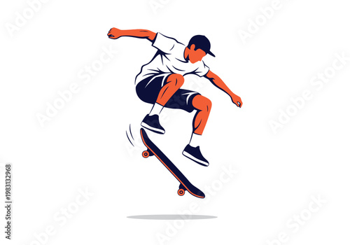 Stylized illustration of a skateboarder performing an aerial trick