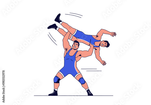 Two wrestlers in blue singlets midlift one held upside down overhead