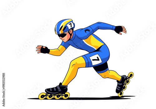 Stylized illustration of an inline speed skater in a blue and yellow suit