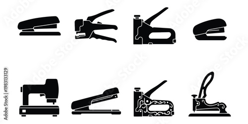 Stapler and hole punch icon set, 8 black vector silhouettes of office stationery, industrial staple gun and paper binding equipment for business