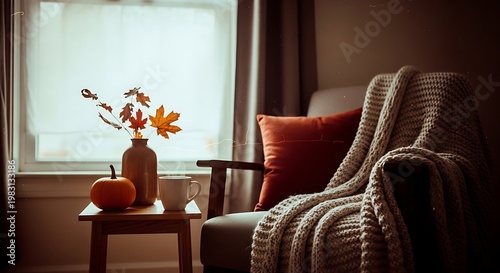 A cozy living room with a chair, table, and autumnal decorations by the window