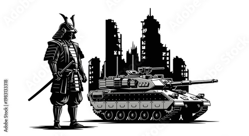 Samurai Warrior Stands Beside Modern Tank in Ruined Cityscape