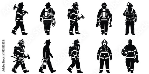 Firefighter silhouette collection, set of 10 fireman vector icons with axes and gear, emergency first responder silhouettes in full protective uniform