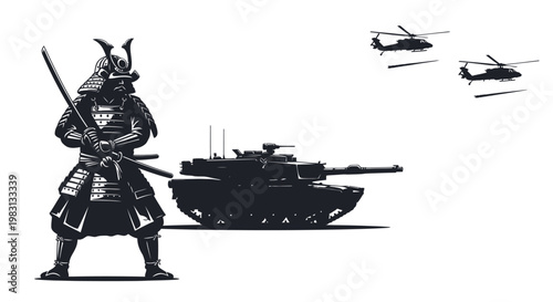Samurai Warrior with Katana Facing Modern Military Tank and Helicopters