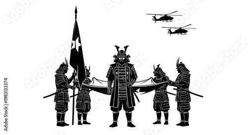 Samurai Warriors with Helicopters and Flag - Fusion of Tradition and Modernity