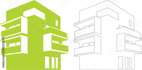 Green building with balconies and windows balcony architecture