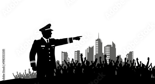 Silhouette of a Leader Directing Crowd with City Skyline Background