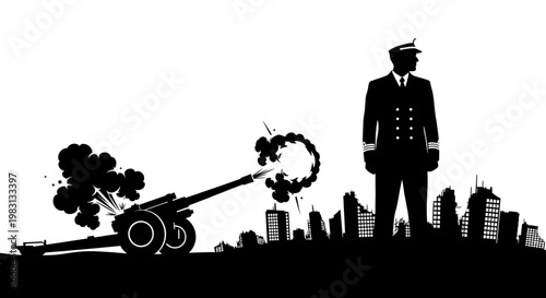 Silhouette of military officer and cannon firing over city skyline