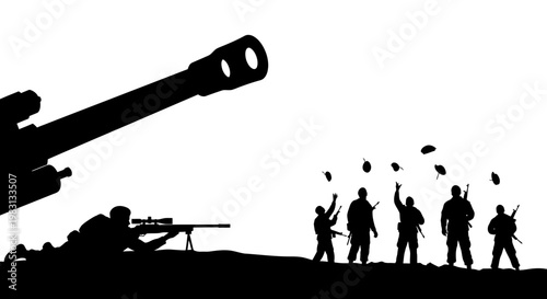 Silhouette of soldiers and sniper with artillery gun on white background