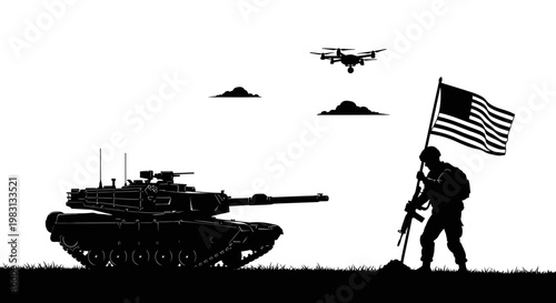 Silhouette of US Soldier with Flag, Tank, and Drone on White Background