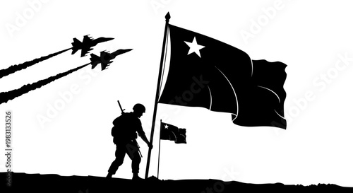 Silhouette Soldier Salutes Flag as Fighter Jets Fly Overhead