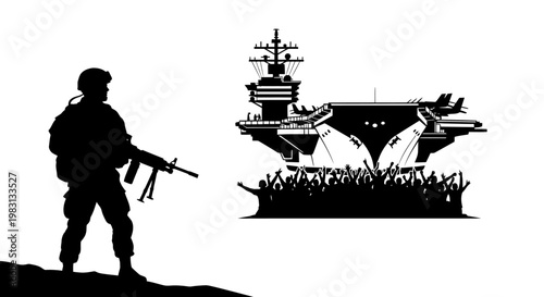 Silhouette Soldier Guarding Aircraft Carrier with Cheering Crowd
