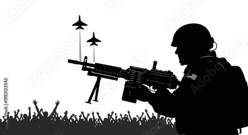Silhouette Soldier with Machine Gun and Fighter Jets Flying Over Crowd