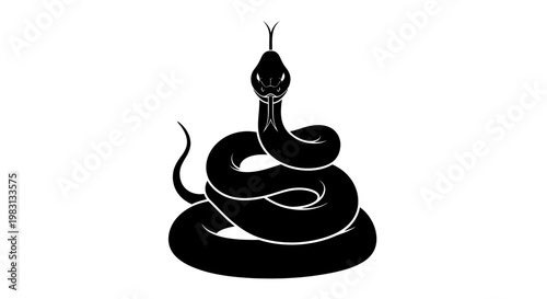Aggressive Black Snake Silhouette, Coiled and Ready to Strike, Isolated on White