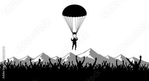 Skydiver Parachuting Over Cheering Crowd and Mountains Silhouette
