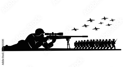 Sniper Aiming at Marching Soldiers with Fighter Jets Flying Overhead