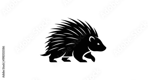 Black Silhouette Porcupine Walking Isolated on White Background