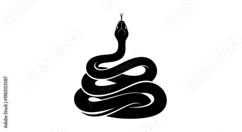 Silhouette of coiled black snake, danger symbol, isolated on white background