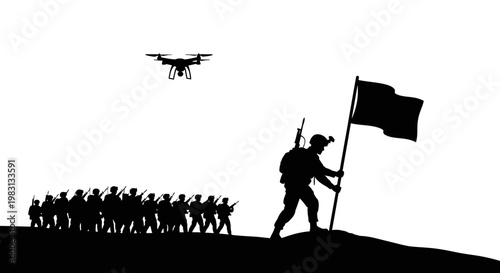 Silhouette Soldiers Marching with Drone Overhead, Flag Bearer Leads Charge on Hilltop
