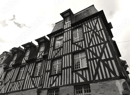 Monochrome example of a half-timbered house in Rennes, Brittany