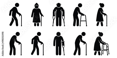 Elderly people silhouette icons set, senior citizens with walking sticks and crutches, disabled patient mobility aids vector collection