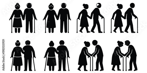 Elderly couple silhouette icons set, senior people walking with canes, retired man and woman stick figures, geriatric care and aging concept