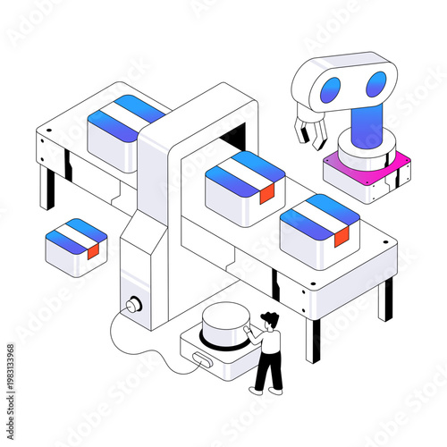 Conceptual isometric design illustration of automatic packaging process 