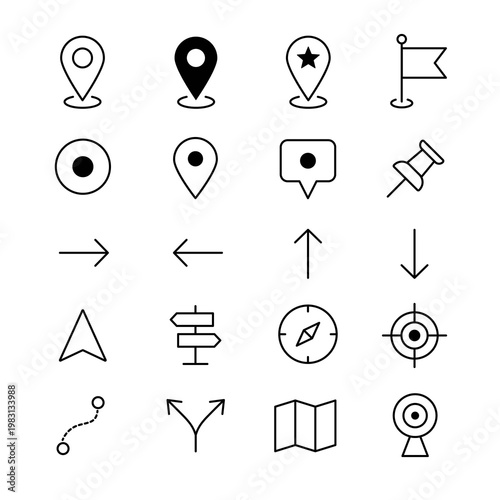 Minimal set of minimalist location pins and route markers for maps, navigation apps and UI design. Clean vector icons for destinations and paths.