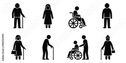 Elderly people and disabled person icons set, senior citizens with walking sticks and wheelchairs, 8 black vector silhouettes for healthcare