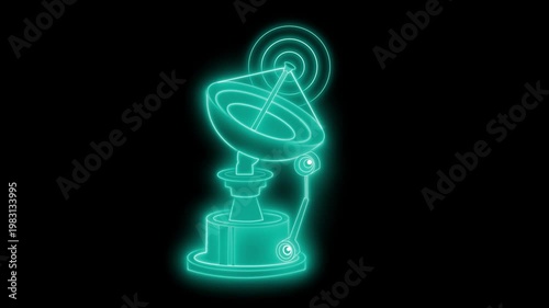 Glowing neon satellite dish icon animation on a black background